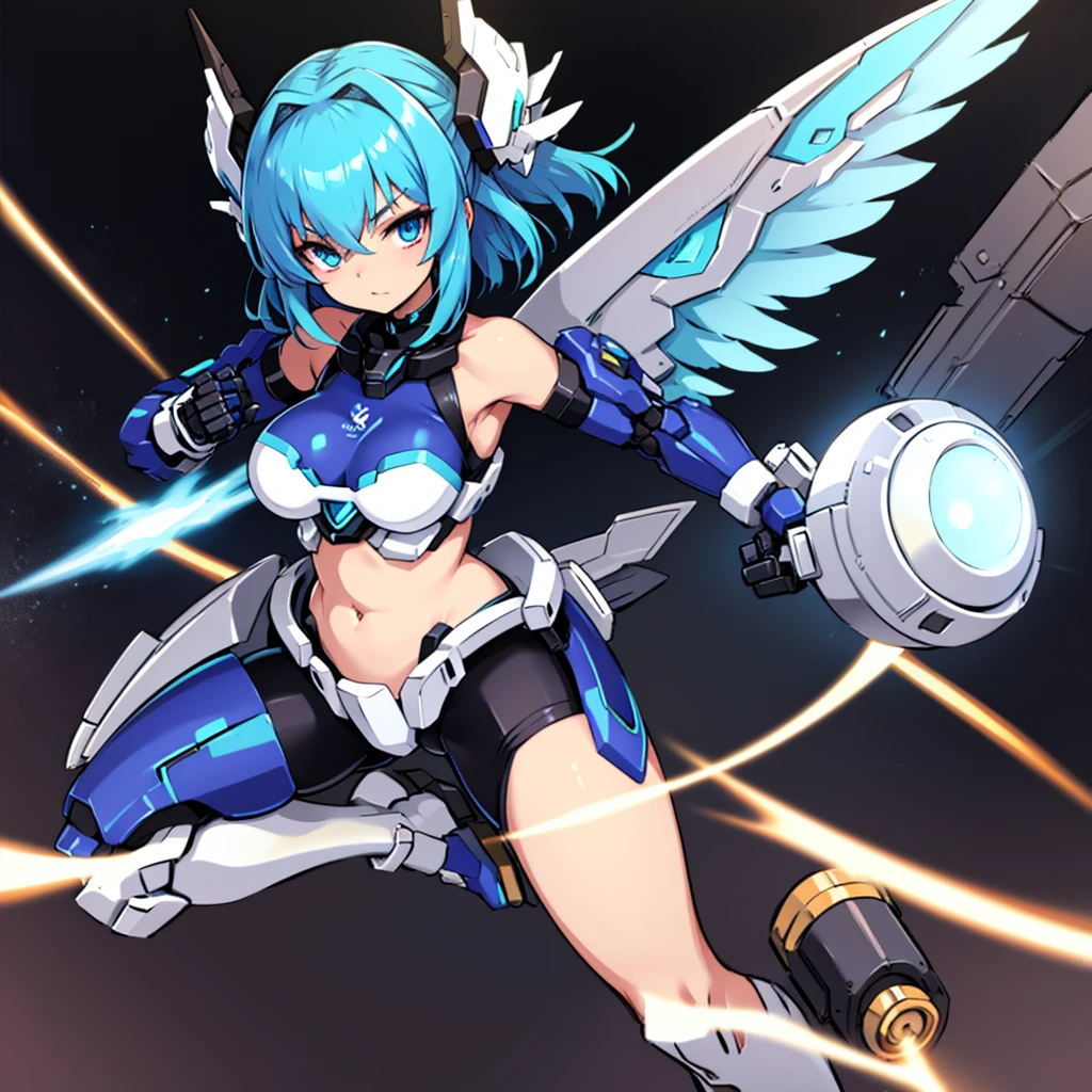 mecha_girl,((masterpiece:1.2)), ((highest quality)), detailed metal texture, perfect anatomy,1girl, (Solo:1.5), blue hair, (Mecha girl), (large wing:1.4)), white outfit, sapphire blue armor dress,((shiny armor, High-gloss armor)), many parts, cleavage, navel, thighs, menacing,(holding weapon), (Combat pose), (action pose:1.3), universe, nebula, aurora, vivid color, hight contrast