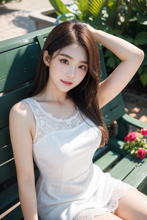 Ulsan-6500-V1.1、Extremely detailed、High definition、Raw color photo、wide shot、1 young woman、Kpop Girl、high detail skin、soft light from above、vivid colors、shiny white skin、wonderful face and eyes、Light makeup、Smile、thin lace long dress、long legs、flower garden、on a wide bench、lying face down pose