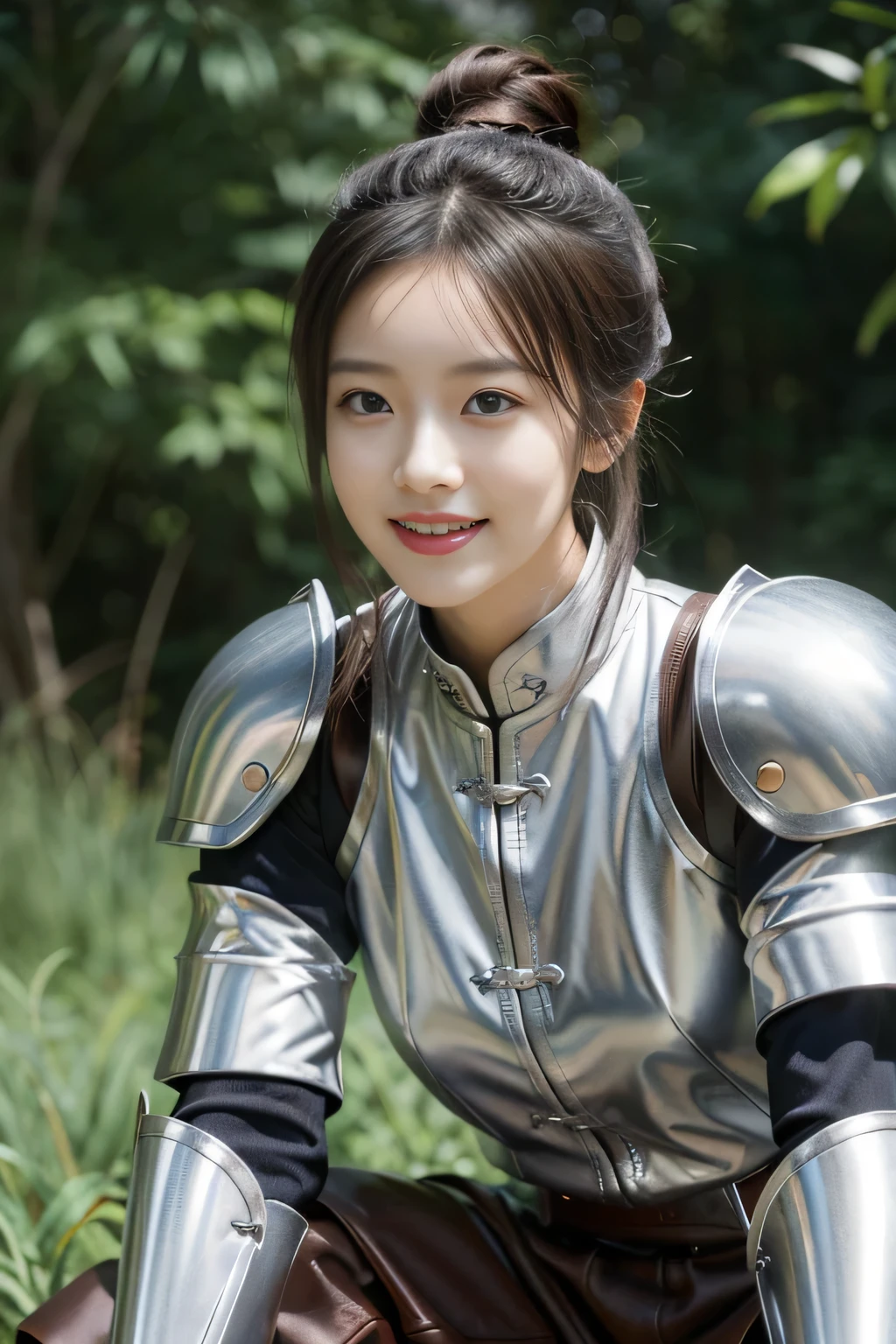 Chinese female general Hua Mulan，reddish brown leather armor，Silver scale metal shoulder pads，Silver metal breastplate，battlefield background，hand weapon，majestic，Smile（open mouth）（The corners of the mouth are raised），Leather tunic，Knee pads，silver helmets，sunshine on face，，Bundle hair（silver metal headband），Hair bun raised high。Wild forest background