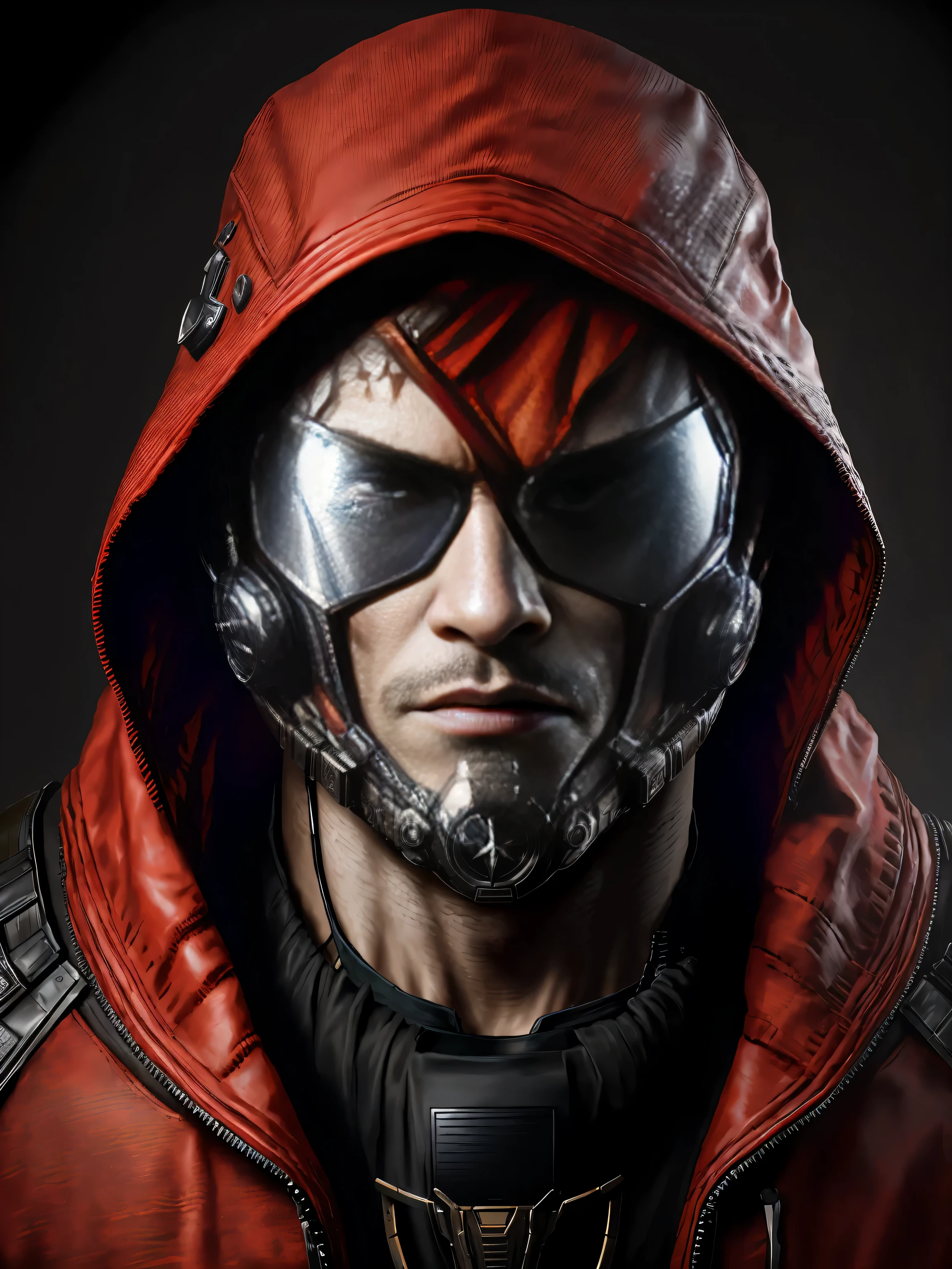 Peter Quill Star-Lord Mask, red jacket, From Marvel Photography, biology, complicated, grow fully, surreal, Crazy little details, The lines are very clean, cyberpunk aesthetics, A masterpiece on Zbrush Central