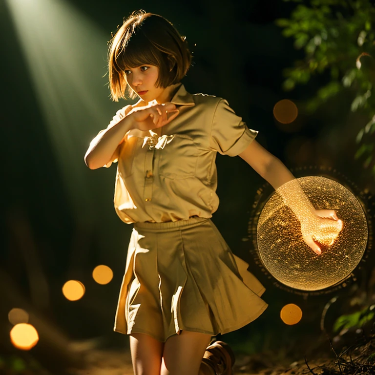 beautiful girl,beige military shirt,Beige knee-length pleated skirt,Ruck sack(red),Brown short boots,baby face,dark brown hair,medium hair,Outer wrap arrangement,bangs,frightened look,night forest,Cantera lights up,some orbs of light,pixer style,dynamic angle