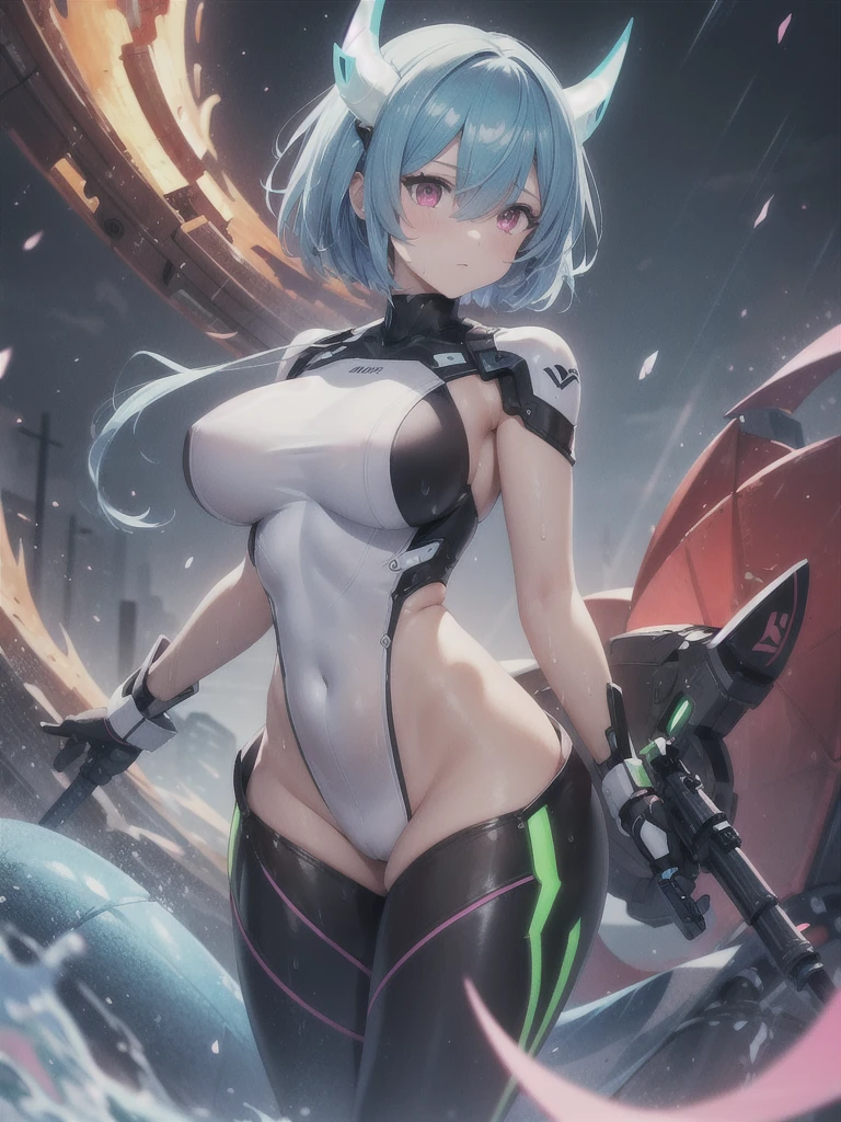 Rem, re zero, 1girl, (neon green glossy skin tight body suit), short silky blue hair, robot arms, mechanical hands, dragon horns, kicking, (((cowboy shot))), side view, intense angery expresion, mechanical dragon tail, cracks in suit emitting internal glow, paleskin, pink eyes, wet ground, neon, horror, cool, large breasts, (((wide hips))), abs, wet body, Mechanical body), thick thighs, after rain, (curvy body)
“best quality”, “masterpiece”, “illustration”, “solo”, “full body”, “Mecha”, “machine”
,Dragon ear,detail_face,Dr490nSc4leAI ,Fit, athletic, girls, woman, toned body, great thighs, detailed