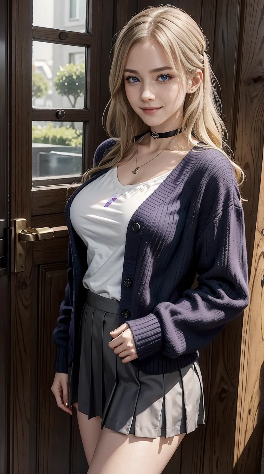 A 23-year-old white woman with unparalleled beauty.、blue eyes、Eyes are patchy、Hair color is dark blonde and purple gradation、hair is wavy、semi-long、smile、wearing a black choker、Slender yet well-proportioned body with big breasts、Muscular like a top athlete、sunlight is shining from above、photorealistic images、8K quality、I'm punching my chest、I don't want my head to disappear from the screen.、Wearing accessories on your wrist、I'm wearing a necklace、Tall height and style like a model、secure head space、チャーミングなsmile、wearing a blouse under a cardigan、I'm wearing a long pleated skirt、I'm wearing dark blue socks、I'm wearing loafers、smile、hands on hips