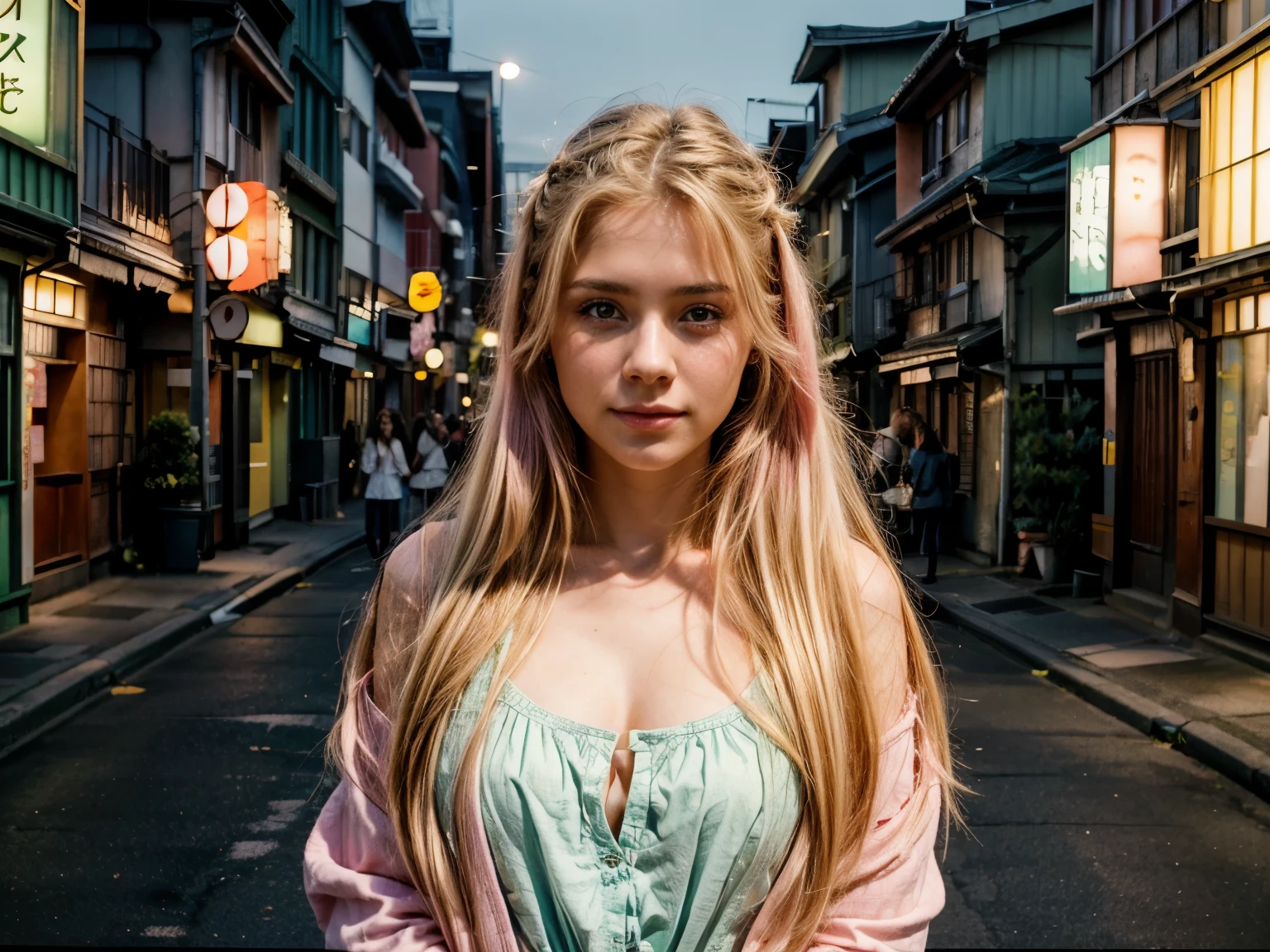 23 year old young woman, green eyes, extremely beautiful, long hair, shot on Kodak gold 400. pastel colors. hyperrealistic, 8k, best quality, masterpiece, pink highlights on hair, blonde, young look, slight smile. in japan, Japanese street, night