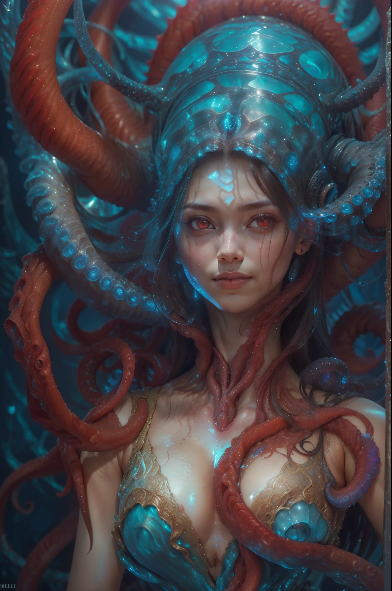 scary and sexy detailed art in color, Portrait, (beautiful and obscene female alien:1.4), (vulgarity1.7), (she has red eyes with no pupils:1.8), (Translucent skin:1.7), (There is a female genital-like organ in the middle of the forehead:1.9), (The most beautiful face in the history of the universe:1.2),an evil gaze that seduces, (large mouth:1.1), (sharp teeth like a vampire:1.2), Full body portrait, (bio luminescent:1.5), (Smile wickedly:1.3), (sexypose:1.5), alien, No humans, cells are fused, (Lots of translucent tentacles:1.3) extraterrestrial, cell, bio image, best quality, 8K,In 4K_quality, High freshness, Dramatic Lighting, masutepiece:1.5,cinematic quality, detail up, (exquisite details:1.2), high resolution, High freshness, drawing faithfully, (Thick eyebrows:1.2), Beautiful eyes with fine symmetry,(Highly detailed face and eyes:1.2), Intimate face, (Super detailed skin quality feeling:1.4), perfect anatomy, (Beautiful toned body:1.5), (Moist skin:1.2), not wearing makeup, (dark circles:1.1), long canines, cinematic drawing of characters, ultra high quality model, cinematic quality, detail up, (exquisite details:1.2), high resolution, High freshness, drawing faithfully, official art, Unity 8K Wall paper, best quality, Very high resolution, ultra detailed artistic photography, midnight aura, unreal engine 5, Ultra Sharp Focus, art by Amano Yoshitaka, ArtGerm, Roisch, intricate artwork, best quality, masterpiece, ultra high resolution, (photos realistic:1.4), ultra realistic realism, dream-like, nautilus, Creation of fantasy, Snail, Dream Snail, (biopunk nautilus:1.3),Thrilling color schemes, ultra realistic realism, seductively smiling, Blue tentacles, Amazing mutation, well-proportioned body, goddess of the deep sea