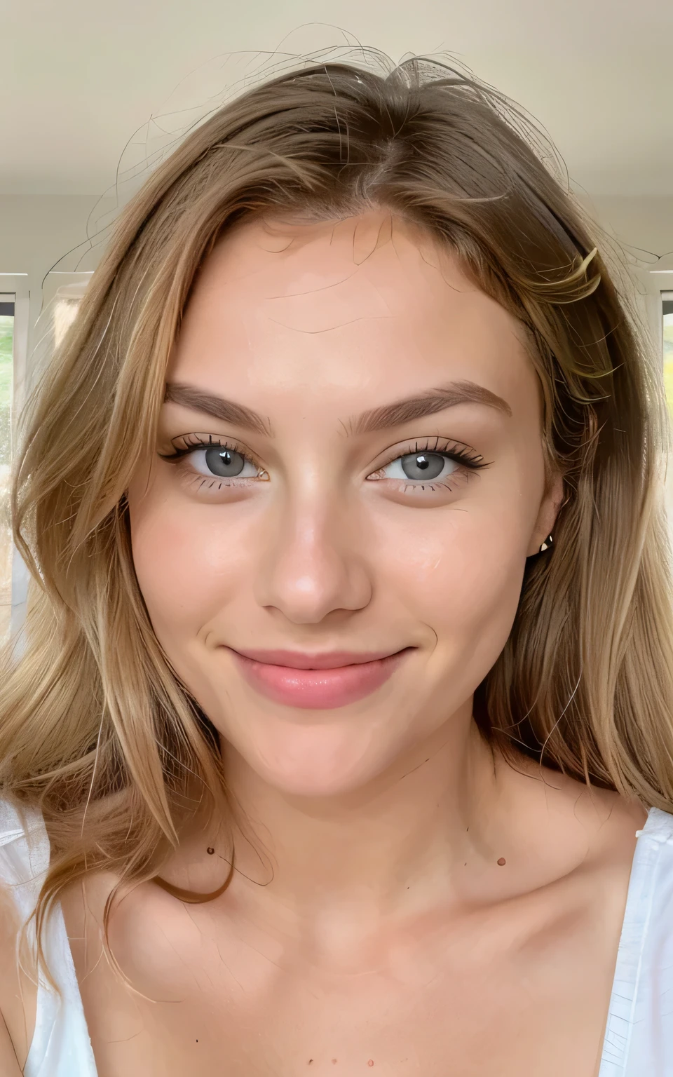 Gerade Vorderansicht, Face up close, unschuldig, sweet beautiful blonde woman, Eastern European origin, lewdly smiling, kein Make up, natural light, schaut direkt in die Kamera, Gesicht gerade, nicht verdreht ((best quality))