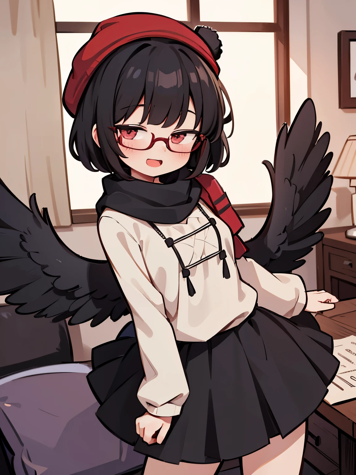 (masterpiece), insanely detailed, ultra-highres, ultra-detailed, best quality, 1 girl, solo, nice hands, perfect hands, best quality, high quality, perfect-lighting, illustration, cute little girl, detailed-face, small breasts, dynamic pose, perfect face, happy smile, laugh, open mouth, cowboy shot, looking at viewer, full body model, girl, dynamic pose, cowboy shot, black hair, fluffy cut hair, (short) red eyes, beautiful woman, 1 girl, solo, cute girl, blushing, expressive eyes, Round Glasses Black, black beanie, (black) fluffy cut black hair, black scarf, random clothes,, living room,