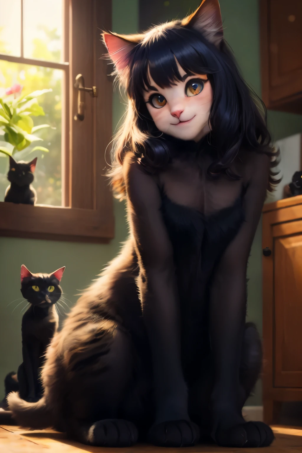 Meet Kitty, a young and playful black cat with big, expressive eyes. She has a mischievous grin and is sitting on her haunches, curiously examining a box placed in front of her paws. Her sleek fur shines under the soft light, making her look even more adorable and irresistible.