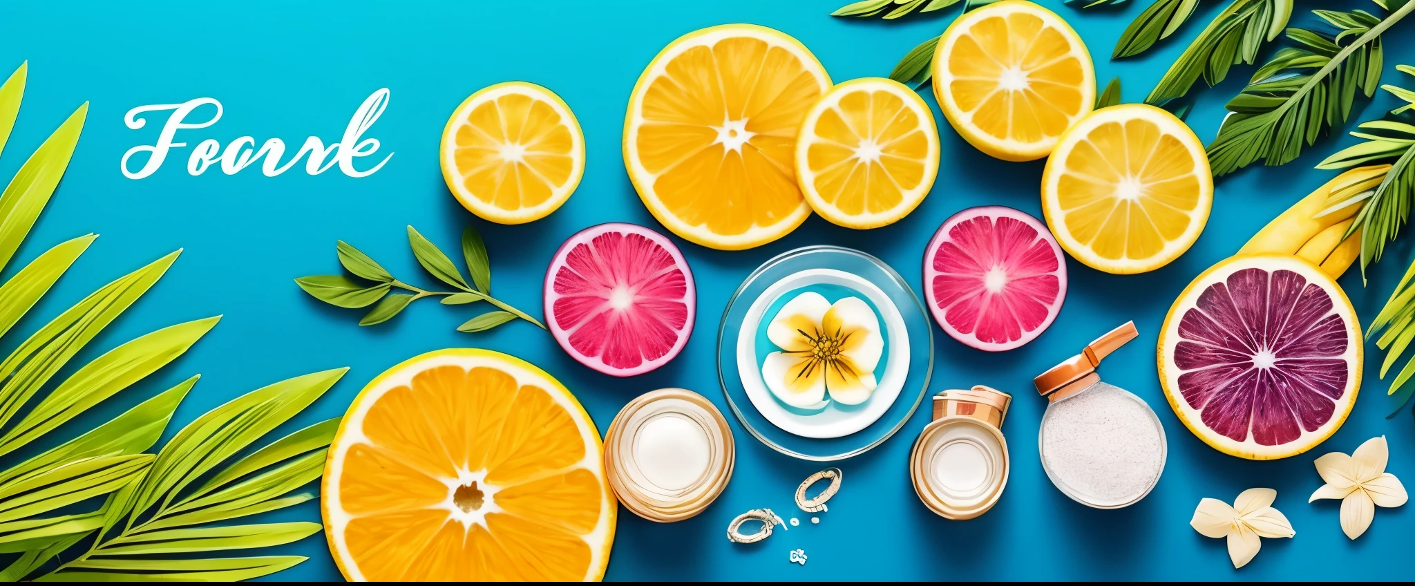 "Create an eye-catching Facebook page cover, highlighting the theme of health and beauty during summer. Utilize elementos visuais que transmitam vitalidade e bem-estar, como tonalidades suaves de cores, elementos naturais como flores e frutas frescas, and maybe a beach or nature setting. Integrate symbols that represent skin care and beauty, ensuring a feeling of freshness and vitality. Avoid the presence of people in the image, focusing on elements that communicate the concept of summer, health and beauty in an elegant way