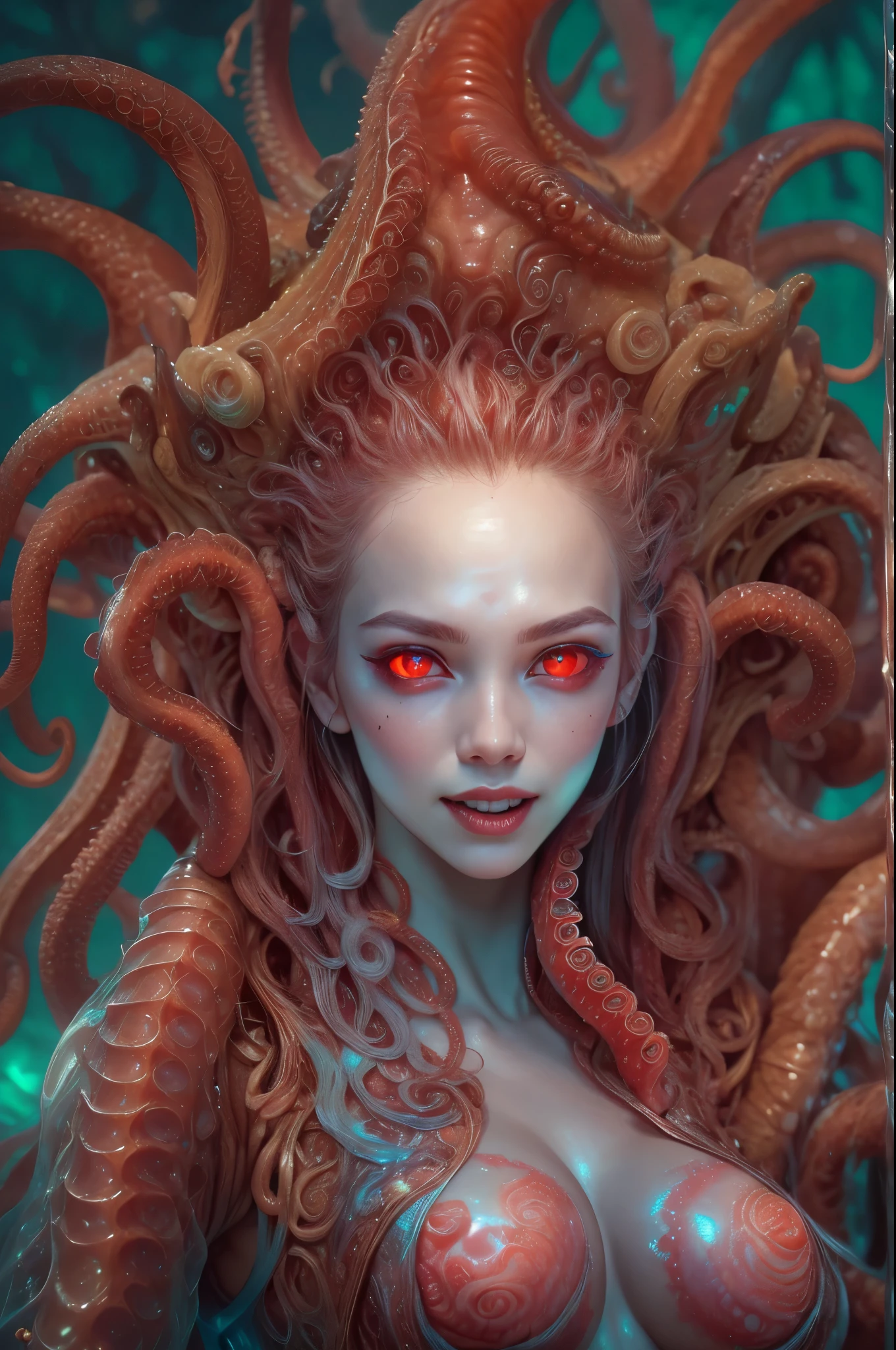 scary and sexy detailed art in color, Portrait, (beautiful and obscene female alien:1.4), (vulgarity1.5), (she has glowing red eyes with no pupils:1.8), (Translucent skin:1.7), ((There is a female genital-like organ in the middle of the forehead:1.9)), (The most beautiful face in the history of the universe:1.2),an evil gaze that seduces, (large mouth:1.1), (sharp teeth like a vampire:1.2), Full body portrait, (bio luminescent:1.5), (Smile wickedly:1.3), (sexypose:1.5), incredibly beautiful matured alien, (she has unparalleled beauty:1.5), No humans, cells are fused, (Lots of translucent tentacles:1.6) extraterrestrial, cell, bio image, best quality, 8K,In 4K_quality, High freshness, Dramatic Lighting, masterpiece:1.5, cinematic quality, detail up, (exquisite details:1.2), high resolution, High freshness, drawing faithfully, (Thick eyebrows:1.2), Beautiful eyes with fine symmetry, (Highly detailed face and eyes:1.2), (Super detailed skin quality feeling:1.1), perfect anatomy, (Beautiful toned body:1.5), (Moist skin:1.2), not wearing makeup, (dark circles:1.1), long canines, cinematic drawing of characters, ultra high quality model, cinematic quality, detail up, (exquisite details:1.2), high resolution, High freshness, drawing faithfully, official art, Unity 8K Wall , 8K Portrait, best quality, Very high resolution, ultra detailed artistic photography, midnight aura, unreal engine 5, Ultra Sharp Focus, art by Amano Yoshitaka, ArtGerm, Roisch, intricate artwork, best quality, masterpiece, ultra high resolution, (photos realistic:1.4), ultra realistic realism, dream-like, nautilus, Creation of fantasy, Snail, Dream Snail, (biopunk nautilus:1.3),Thrilling color schemes, ultra realistic realism, seductively smiling, (white tentacles with stripes:1.2), subtle emerald green accents, (expression of ecstasy:1.6) , in the dark, she has snake-like eyes
