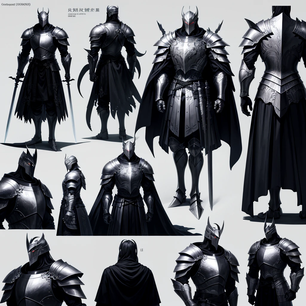 (design sheet:1.3), (Multi-angle and detailed views:1.3),Silver armor、armor, European armor, male focus, sword and shield, knight, helmet weapon, sitting on lap, (pay)
break
greyscale, whole body, (Raising the Sword to Heaven), alone,
break
absurdres, High resolution, Super detailed, (1 male:1.3),
break
, low-key lighting, moody ambiance, dark shadow, subtle highlights, 神秘的なオーラを破breakる
, chiaroscuro, high contrast, dramatic shadow, Bold highlights, moody atmosphere, Seductive strength, Expressive brush strokes that break
, photo editing, Changed reality, fantastical scenes, Digital Artistry, creative editing, evocative narratives, striking visuals