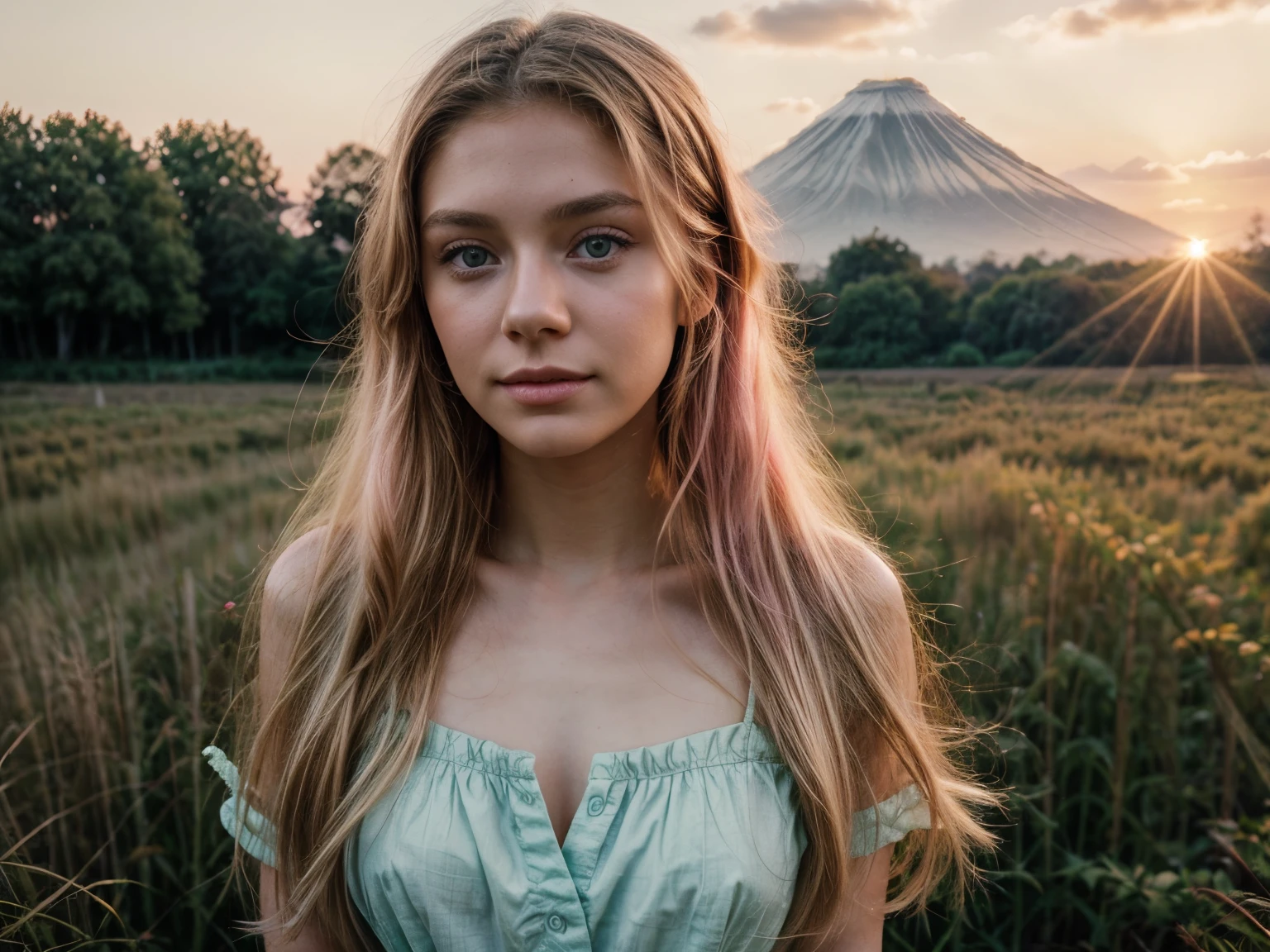 23 year old young woman, green eyes, extremely beautiful, long hair, shot on Kodak gold 400. pastel colors. hyperrealistic, 8k, best quality, masterpiece, pink highlights on hair, blonde, young look, slight smile. in japan, Japanese field, sunset, looking away