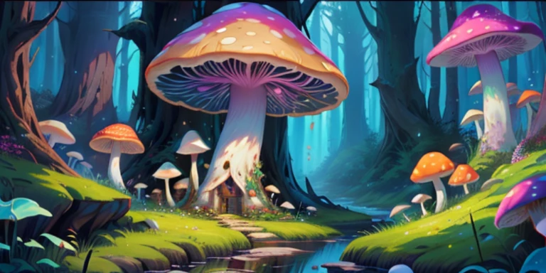 there are many mushrooms that are growing in the woods, magic mushroom, mushroom forest, mushroom house, magic mushrooms, background artwork, psychedelic mushrooms dream, enchanted magical fantasy forest, magical forest background, magical forest backround, mushroom city, magical fantasy forest, fantasy forest background, elf forest background, cyber mushroom city, trippy mushroom, mushroom, dark mushroom