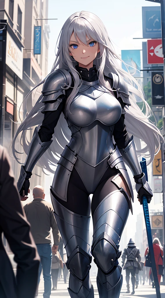 Female knight, leotard armor, long silver hair, blue eyes, smiling, walking in the crowded city, holding a weapon in hand, huge bust