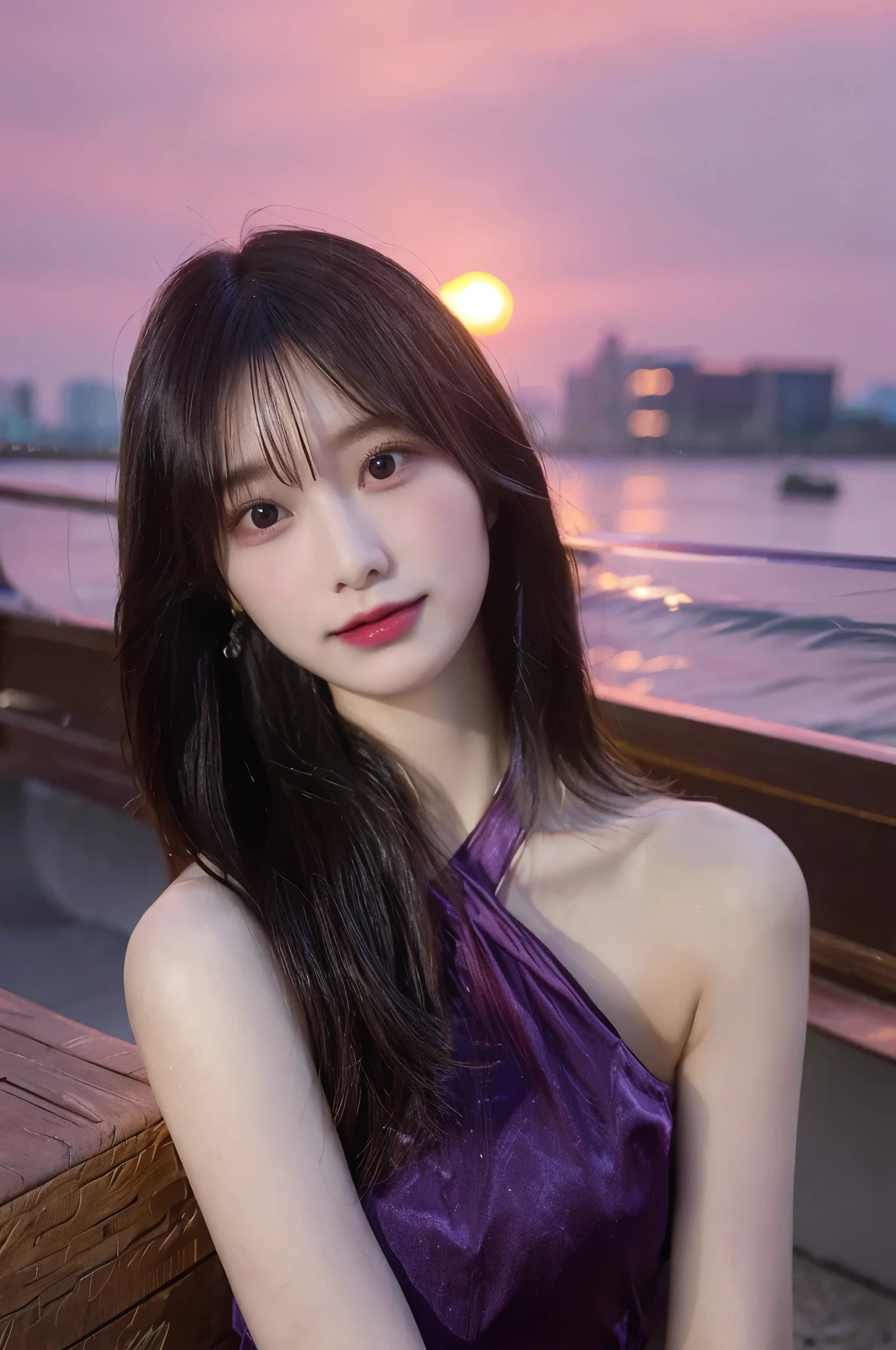 Long hair to waist,Chinese beauty,20 years old,Height 160,Weight 40kg,fairer complexion,Oval face,Deep facial features,Wearing a purple one-piece low-cut skirt,Hair color pink,Smile,Half body photo,Beach sunset in the background