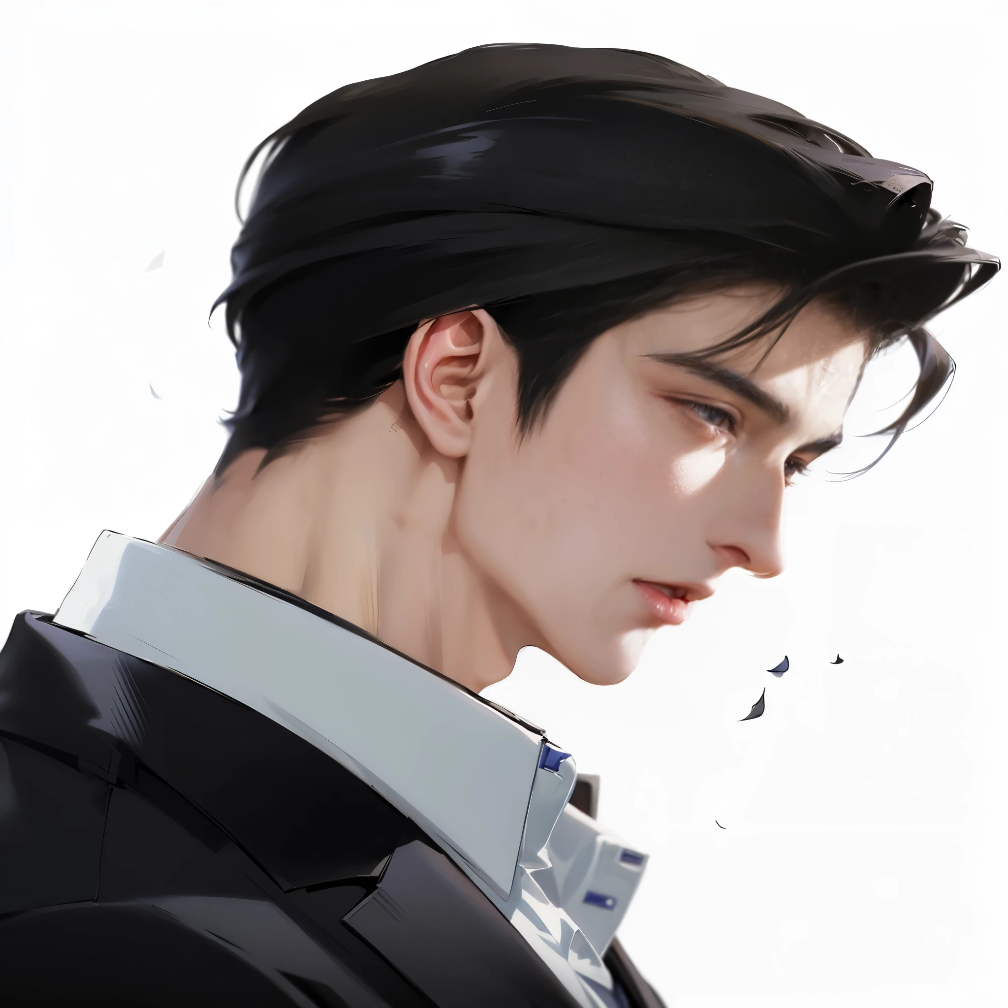 Close-up of a person in a suit and tie, Inspiration from Xiao Yunkong, profile poses, Inspiration from Zhang Han, handsome anime boy, Made with Anime Painter Studio., Half-body picture, Anime images of handsome young men, Levi Ackerman, Drawing in Anime Painter Studio, Handsome anime poses, elegant profile poses, Realistic art style, high quality fanart