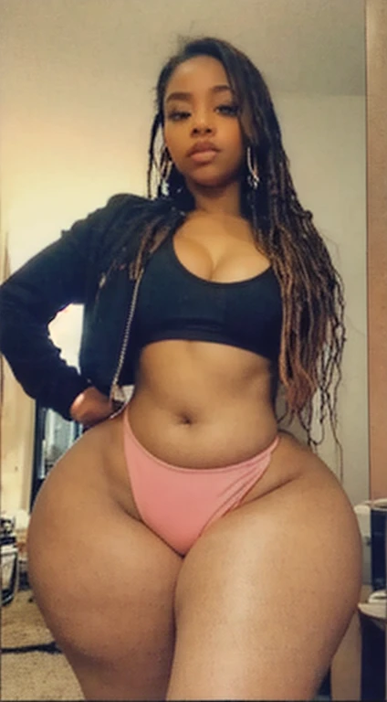 Analog image, neutral density,Highly detailed image ,thick voluptuous Dominican woman, viewed from front,legs open ,with micro dreadlocks, highly detailed skin,even skin tone, skin imperfections, skin pores visible,wearing a tight black leggings and pink sports bra , wearing an open varsity jacket,in a dim lit room , highly detailed clothing