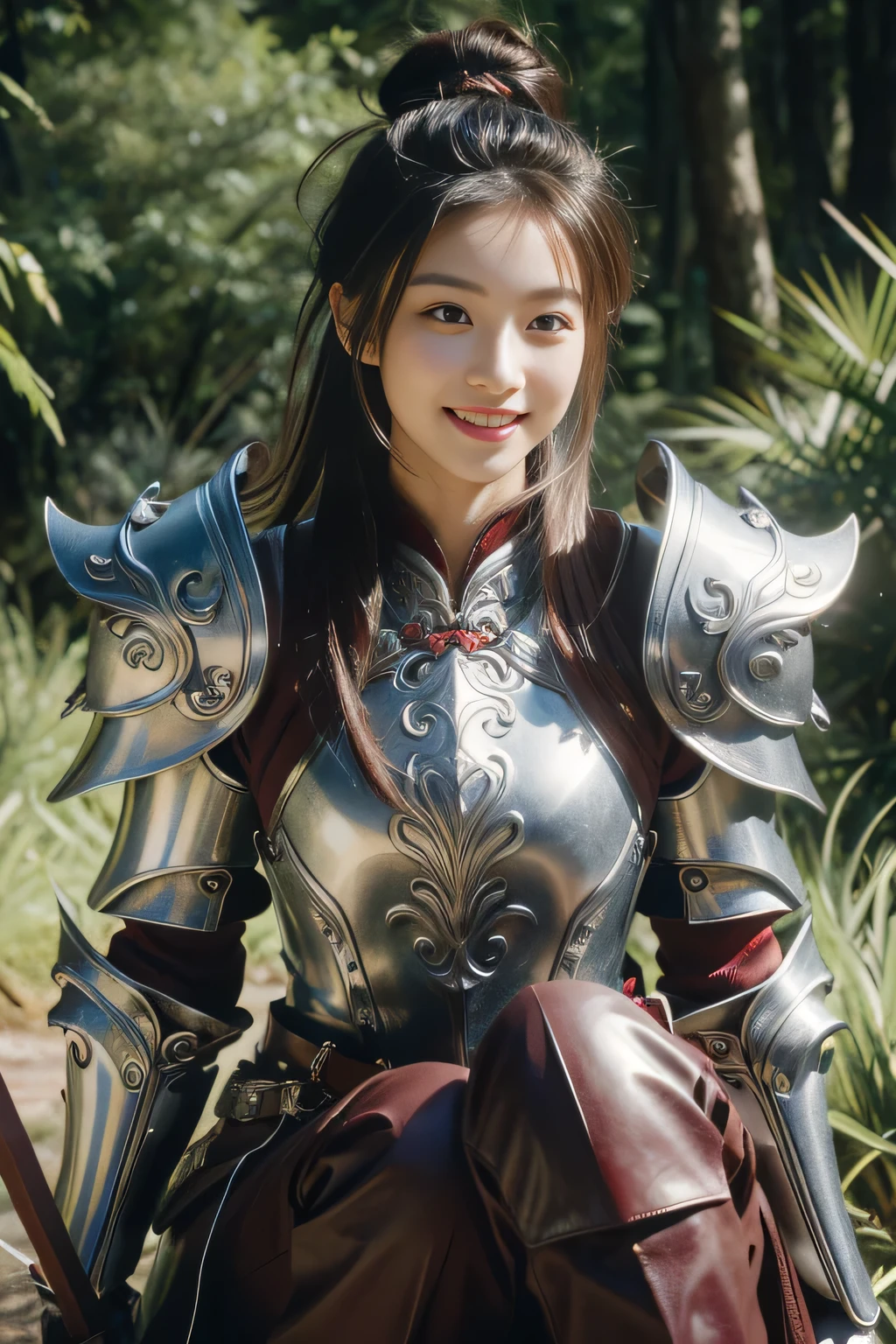 Chinese female general Hua Mulan，reddish brown leather armor，Silver scale metal shoulder pads，Silver metal heavy armor，battlefield background，hand weapon，majestic，Smile（open mouth）（The corners of the mouth are raised），Leather tunic，Knee pads，，sunshine on face，，Bundle hair（silver metal headband），Hair bun raised high。Wild forest background