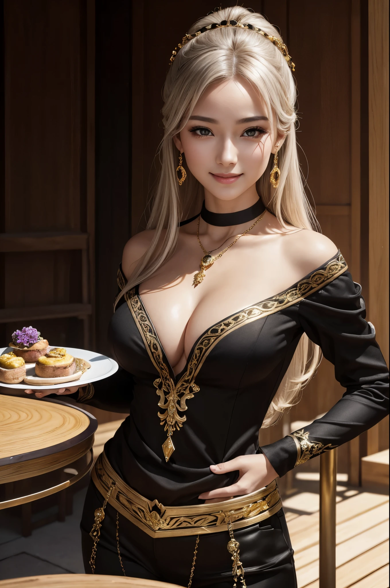 (8K,Photoreal　Raw photo　highest quality;1.4) 1woman) beautiful silver-haired goddess　(lifelike face)　(table top, highest quality, Photorealです, Higher resolution, :1.3), close up shot, sharp focus, 1 カールした銀髪のwoman, ヨーロッパ系woman, hot models, abdomen, Highly detailed eyes and golden pupils, realistic skin, slim body shape, perfect body, Large breasts have cleavage, very fine hair, delicate and sexy face, Organoleptic gas, glossy lips, ((She is wearing a beautiful black and gold garment and black and gold pants., wear a pendant)), outdoor, ((realistic, 超realistic, realism, realistic詳細))　beautiful expression　attractive　(skin that looks real)　Super high resolution　超realistic　high details　Meadow, flowers and beautiful mountains in the distance々々　purple earing　split abemar paladin　woman,超realisticな肌,smile,