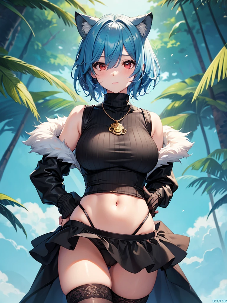 rem,re zero, Blue hair, Short hair, large breasts,(((by Iskra:1.4, by Fluff-kevlar, by Foxovh))), (furry:1.1, detailed face:1.1, detailed eyes:1.1, extreme amount of small details: 1.1, very detailed shading, 2d art, digital art, high quality, masterpiece), nala, more_details:-1, more_details:0, more_details:0.5, more_details:1, more_details:1.5, 1girl, solo, female, furry, keidran, lion girl, fur texture(yellow fur), (blue hair, voluminous hair, Short hair, wavy hair, hair over eye), red eyes, ((black whiskers)), seductive face, vds, thighhighs, detached sleeves, underwear, panties, sweater, turtleneck, bare shoulders, navel, (hands behind back), looking at viewer, upper body shot, POV(from front view), simple background, jungle,