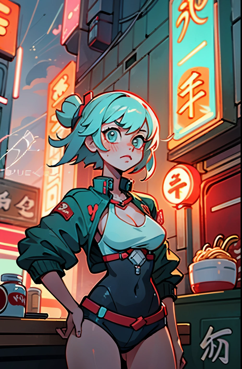 (best quality, masterpiece), 1girl, cyberpunk, neon, cloudy sky, (cartoon:1.5), sexy, string, big breast, tight, petite, small, neon signs, ramen shop