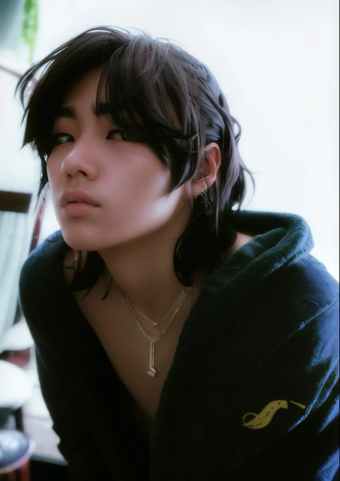 there is a man sitting in a bathrobe looking at the camera, cai xukun, Jinyoung Shin, sui ishida com cabelo preto, hyung tae, young pale angel, delicate androgynous prince, Jung Jaehyun, handsome androgynous prince, Jungkook, kaoru mori, Taehyung comendo batatas fritas Gucci, com cabelo curto, Steven Jung, taejune kim,ele tem um piercing no canto da boca prata,