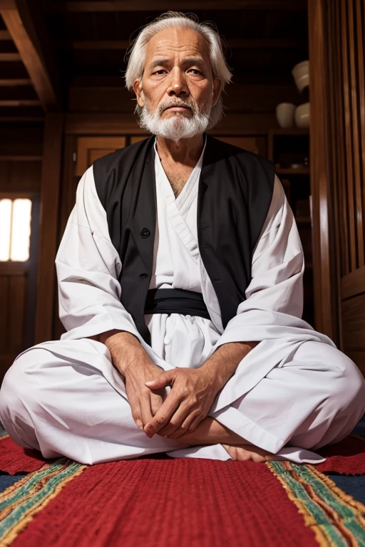 An old monk sitting in meditation and looking towards me with his eyes open.
