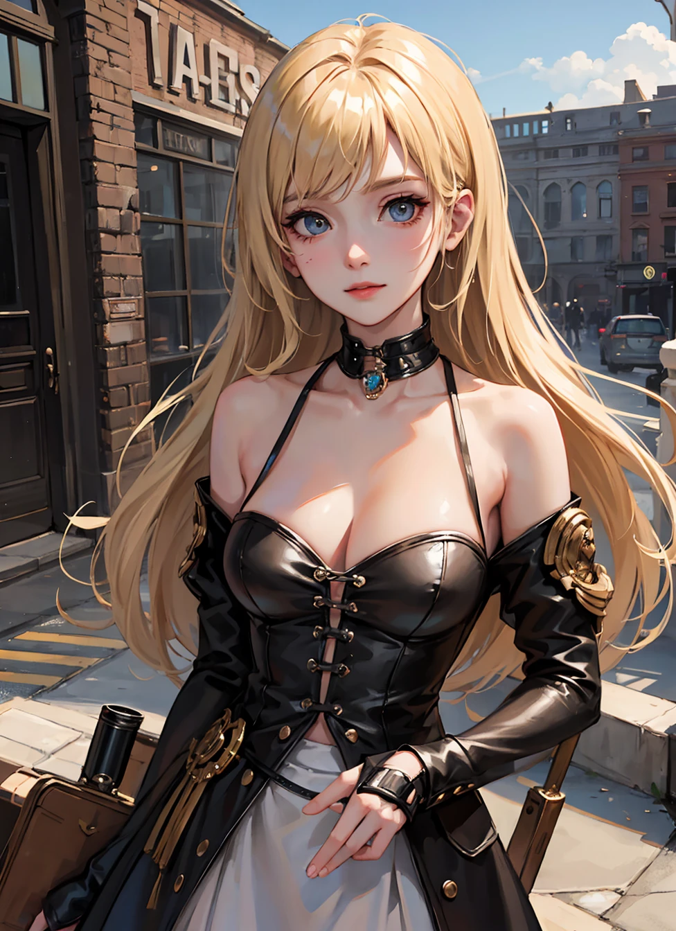 a blonde woman, with dieselpunk clothes, modelshoot style, (extremely detailed CG 8k wallpaper unit), photo of the most beautiful art in the world, majestic professional (photography by Steve McCurry), 8k uhd, dslr, soft lighting, high quality, film grain, Fujifilm XT3 sharp focus, f 5.6, high detail, sharp focus, dramatic, (wearing diselpunk clothing), (looking at the viewer:1.2), (natural light), (seductive)
