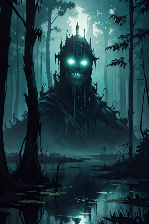 A creepy swamp, horror, dramatic lighting, 4k, arte conceitual, altamente detalhado, Volumetric lighting, global ilumination, octan render, Estilo-SwampMagic, Eldritch, cosmico, energia escura, acrylic paint, brush stroke, mixed media
