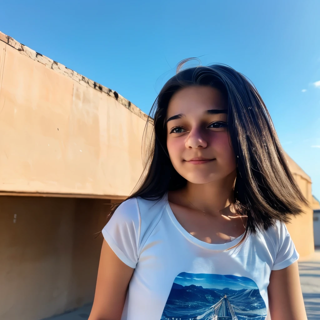 Create a cute 15-year-old girl and the sky in the background