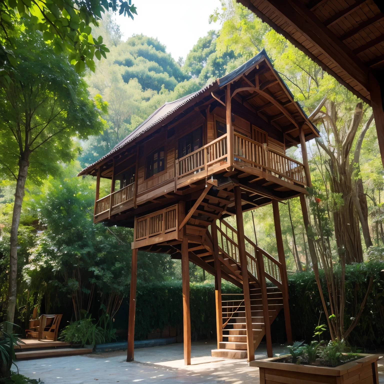 (Piroxium diffused:0.5), Beautiful jungle tree house,Normal, (masterpiece),energetic
