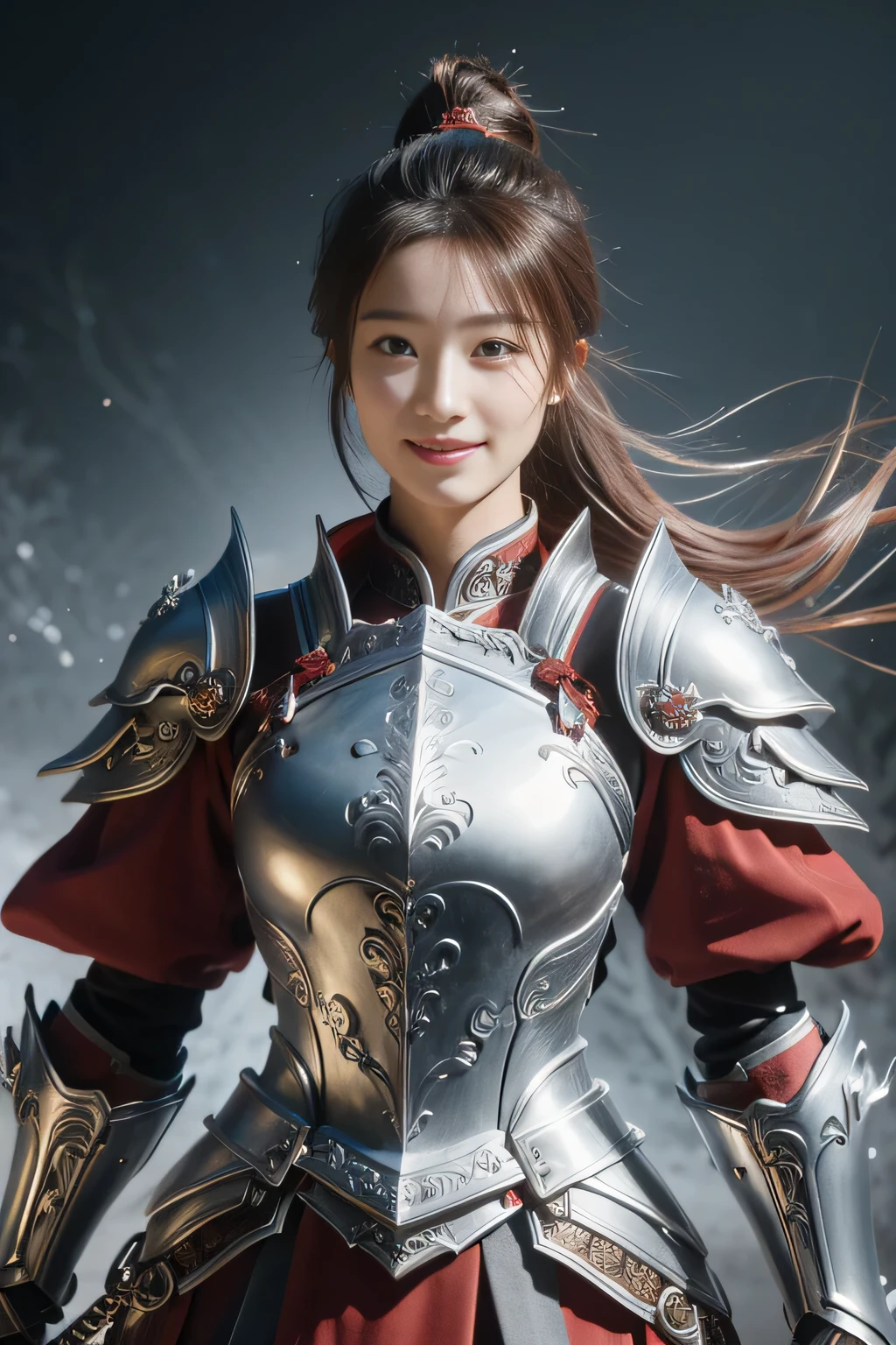 Chinese female general Hua Mulan,reddish brown leather armor,Silver scale metal shoulder pads,Silver metal heavy armor,battlefield background,hand weapon,majestic,Smile(open mouth)(The corners of the mouth are raised),Leather tunic,Knee pads,,sunshine on face,,Bundle hair(silver metal headband),Hair bun raised high。Wild forest background