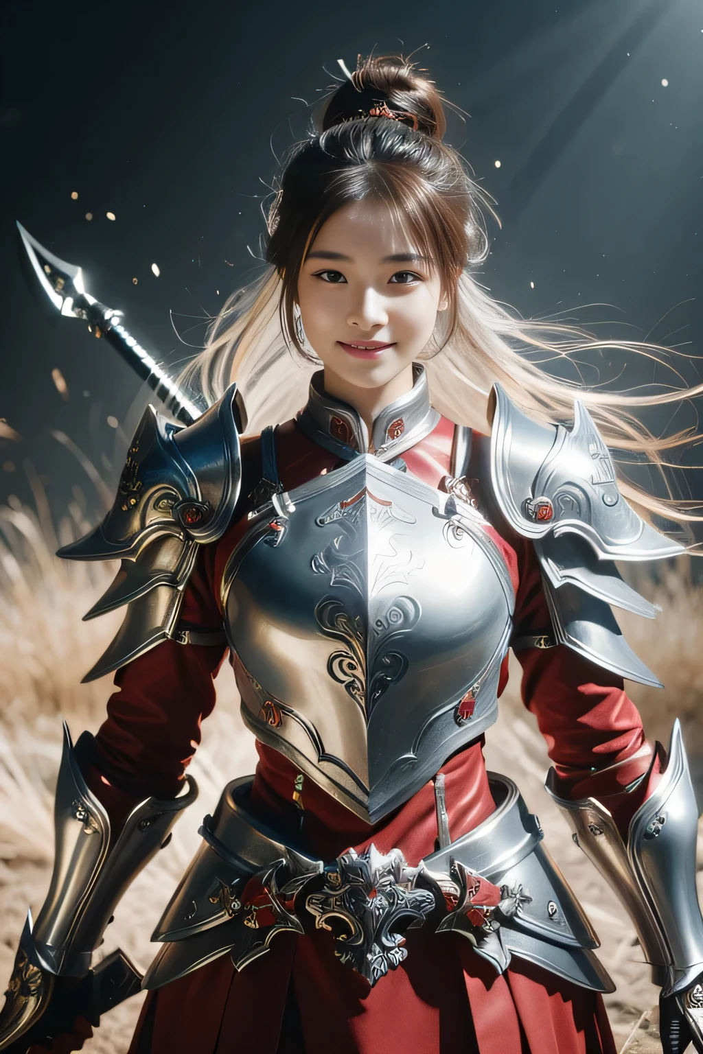 Chinese female general Hua Mulan，reddish brown leather armor，Silver scale metal shoulder pads，Silver metal heavy armor，battlefield background，hand weapon，majestic，Smile（open mouth）（The corners of the mouth are raised），Leather tunic，Knee pads，，sunshine on face，，Bundle hair（silver metal headband），Hair bun raised high。Wild forest background