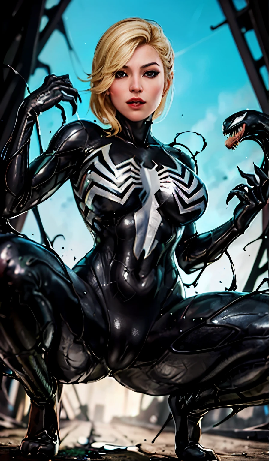 4K，realisticlying，Glamorous，The  very detailed，There  a girl in Dingcheng，Blonde hair，Wearing a black Spider-Man costume，（Black and white：1.4） the night,symbiote，venomize，a large amount of mucus,she  a spiderman，Black superhero theme，In front of the sky，Flushed complexion，( Open legs， camel-toe，， Vulvar shape：1.3）,(GGCameltoe:1.3)Legs apart，25 age old，full bodyesbian