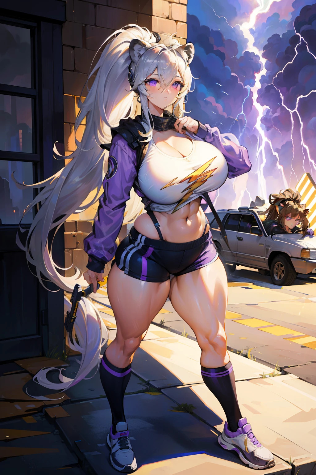 (masterpiece), best quality, expressive eyes, perfect face, ultra detailed, huge breasts, thicc thighs, fitness body, long silver hair, purple eyes, hair over eye, long High ponytail, lion queen, lion ears, post apocalyptic, lightning storm, windy, full body, close up, 