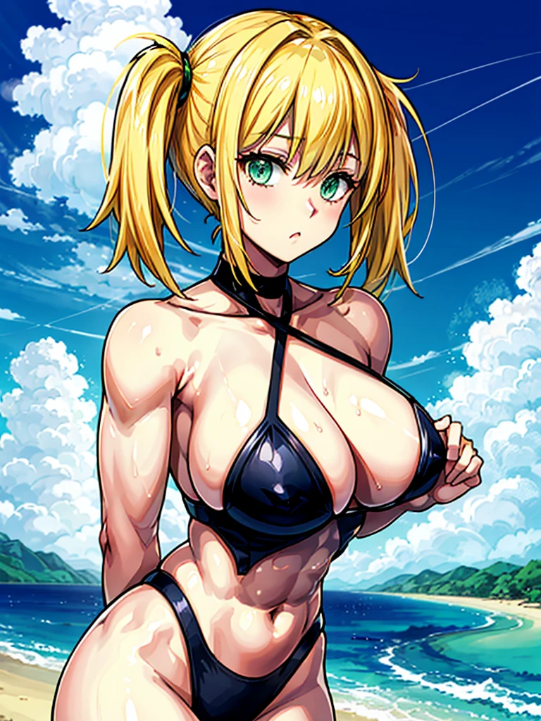 (((masterpiece、Highest image quality、highest quality、highly detailed unity 8kwallpaper)))、((Illustration of one girl))、(((beautiful girl、cool)))、((blonde、pixie cut:1.2、two side up、sidelocks、green eyes))、(((tall、stocky build, thickset physique:1.3, muscular legs, broad shoulders, solid chest)))、swimsuit、sandy beach
