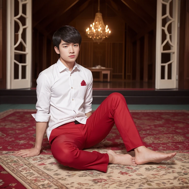 A handsome and cute Asian young man, with an oval face, bangs, wearing a red traditional Malay shirt from Indonesia, red trousers, black shoes, was sitting pensively. mosque background. realistic, cinematic, 8k, HD photographic images. beautiful view