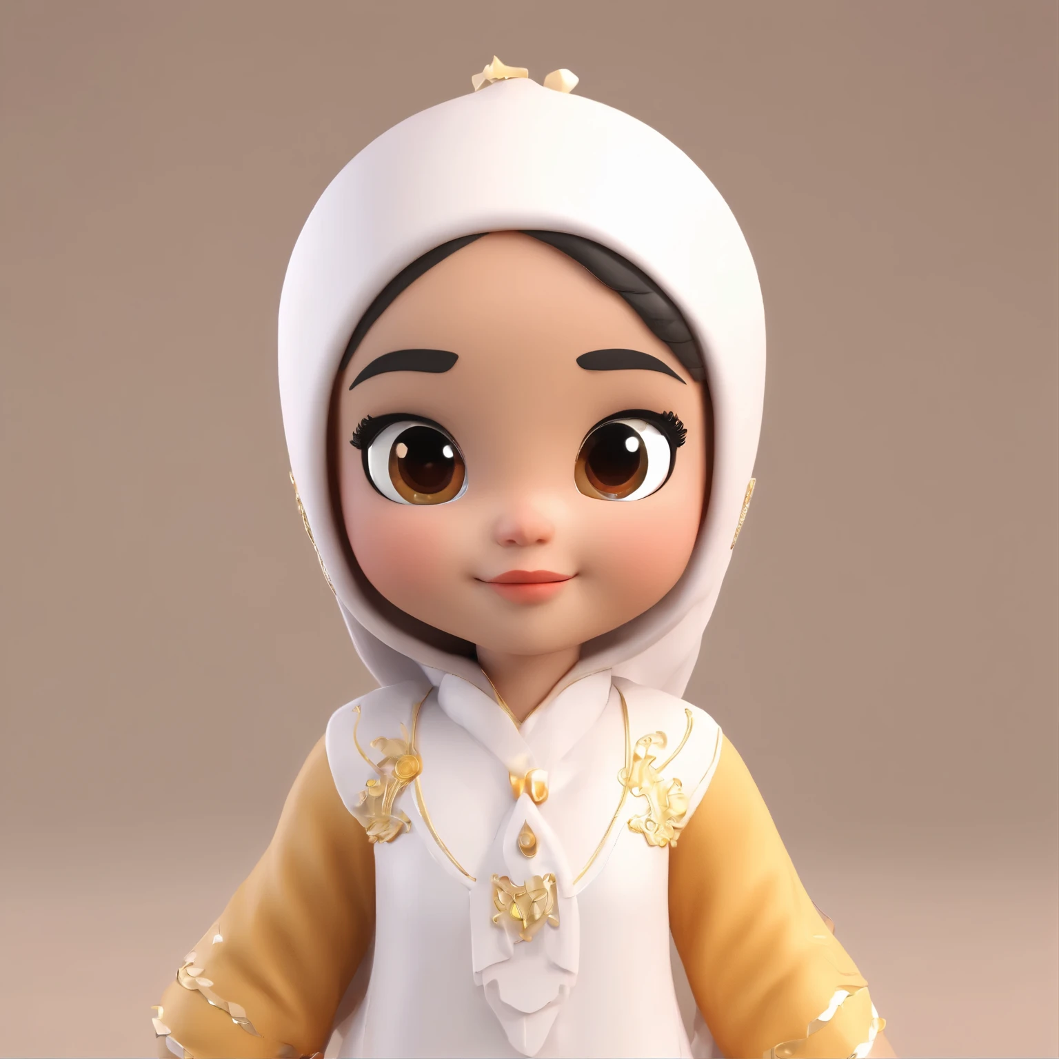 super cute muslim girl IP by pop mart, Bright eyes, cherub,Little white dress, Clay, Models, a blind box toy, Glossy and delicate,Clean background, Good gloss, 3D rendering of,Best quality