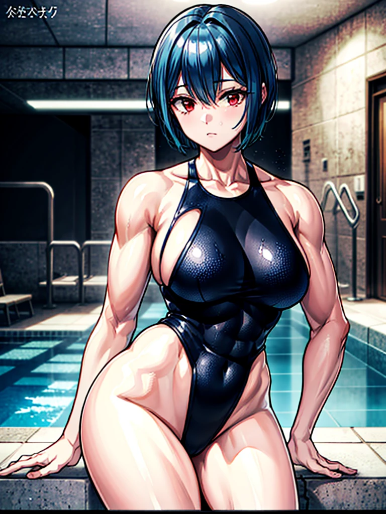 （（（masterpiece、Highest image quality、highest quality、highly detailed unity 8ｋwallpaper）））、（（Illustration of one girl））、（（（beautiful girl）））、（（light blue hair、short hair、red eyes））、（（（tall、stocky build, thickset physique：1.3, muscular legs, broad shoulders, solid chest、）））、（（（hairy armpits：1.4）））、(armpit hair:1.4)、swimsuit、pool