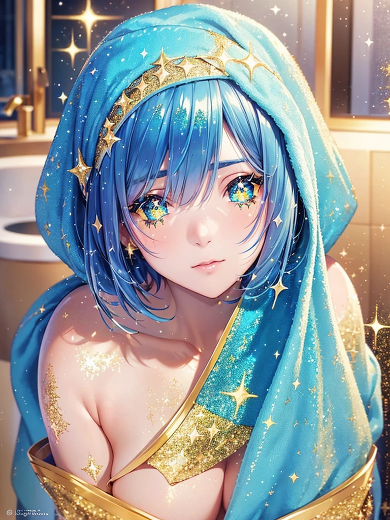 masterpiece, best quality,ultra-detailed, realistic,rem,re zero, 1 girl, skinny body, blue hair, short hair, curvy hair, (perfect face), blue and yellow eyes, (perfect face), detailed eyes, (towel 1.5), (glitter:1.5), luxury interior, bathroom, (blushed), (shy), portrait