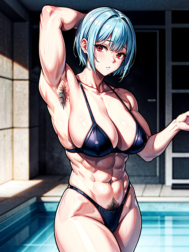 （（（masterpiece、Highest image quality、highest quality、highly detailed unity 8ｋwallpaper）））、（（Illustration of one girl））、（（（beautiful girl）））、（（light blue hair、short hair、red eyes））、（（（tall、stocky build, thickset physique：1.3, muscular legs, broad shoulders, solid chest、）））、（（（hairy armpits：1.4）））、(armpit hair:1.4)、swimsuit、pool