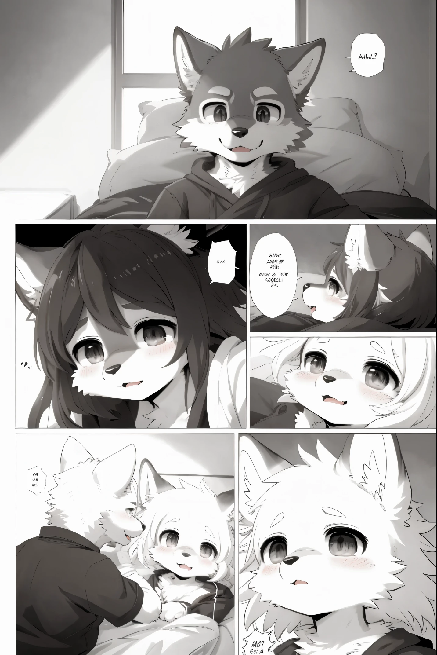 top quality, best quality, highres, unparalleled masterpiece, perfect artwork, paid reward available, indoor, couple of comics(super cute 1girl, 1wolf, kemono, furry anthro)tumblr, sosaku hanga, black and white manga page, manga page, doujin, ddlc, anime, comedy comic, black and white manga panel, zerochan,