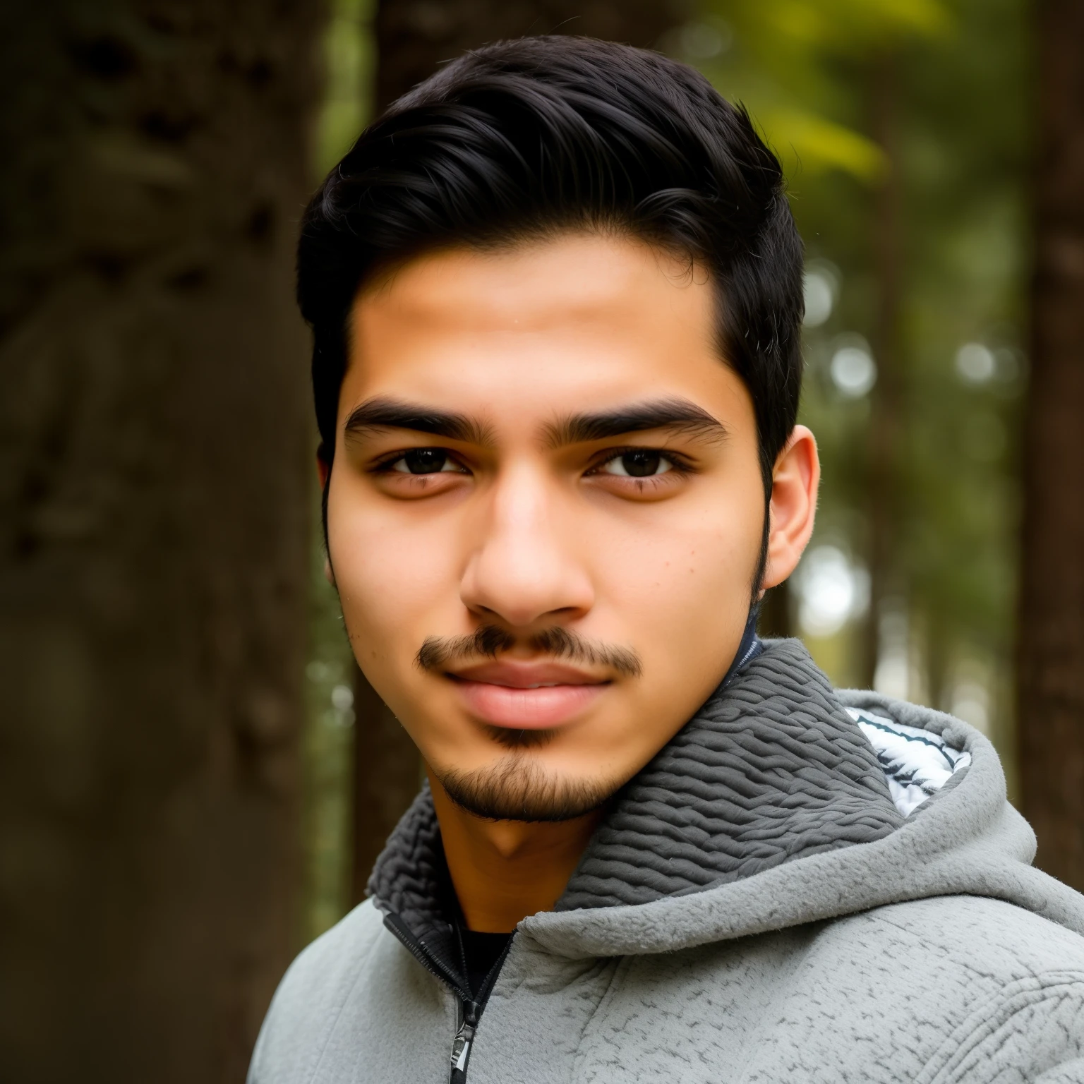 arafed man with a gray jacket and a black jacket, around 1 , vastayan, good looking face, with accurate face, facebook profile picture, in front of a forest background, indian, without beard, portait photo profile picture, selfie photo, ayan nag, 18 years old, riyahd cassiem, jayison devadas