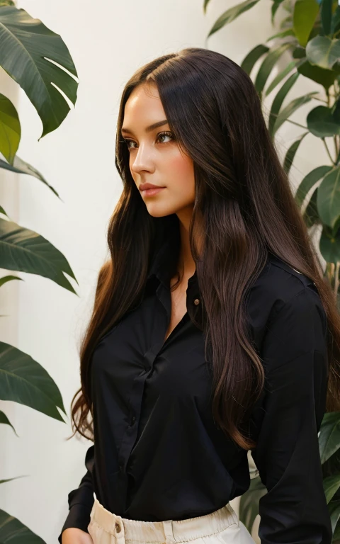 1 adult woman, long hair, curly hair, black colored hair, soft skin, brown eyes, sky, plants, long shirt, short tailoring, company