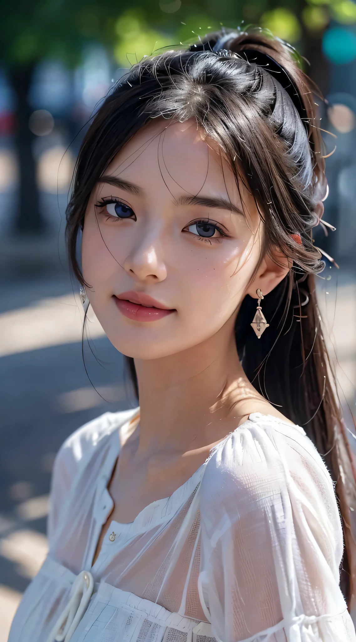 full body photo,table top, best image quality, high quality, background is clear,Beautiful woman, Japanese, be familiar with, be familiar with eyes, be familiar with skin, beautiful skin, 超High resolution, (reality: 1.4),very beautiful woman, A little young face, beautiful skin, thin, (ultra photorealisticim), (High resolution), (8K), (非常にbe familiar with) (beautiful detailed eyes), (超be familiar with), (be familiar with face), view viewer, small details, be familiar with face, smile, look straight ahead, look straight ahead, reality的な写真, bright lighting, professional lighting, black hair, ,ponytail,baby face,,髪型はponytail,wear a white ribbon,ロングのponytailの髪型,Angle from the waist up,Stand and pose,wear earrings,Streets of Europe,In front of the cathedral