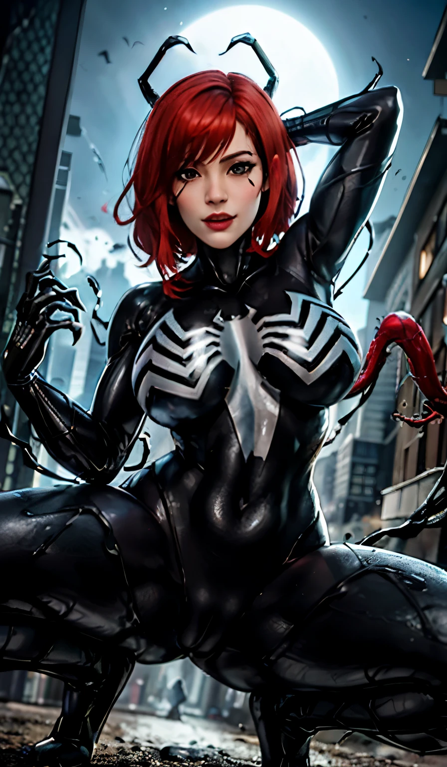 4K，realisticlying，Glamorous，The  very detailed，There  a girl in Dingcheng，Red hair，Wearing a black Spider-Man costume，（Black and white：1.4） the night,symbiote，venomize，a large amount of mucus,she  a spiderman，Black superhero theme，In front of the sky，Flushed complexion，( ， ，， Vulvar shape：1.3）,(GGCameltoe:1.3)，25 age old，full bodyesbian
