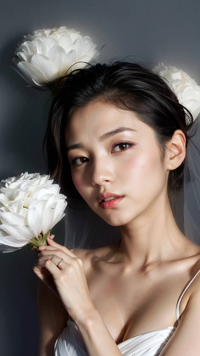 1 Japanese woman、((solo))、alone、bride、Wearing White wedding dress、Queen、happiness、((Show me your forehead))、Are standing、short hair、detailed face、High resolution、((whole body))、(flowers around her)、whole body、She is a beautiful woman to marry、High quality and beautiful、shining face,holding a bouquet、