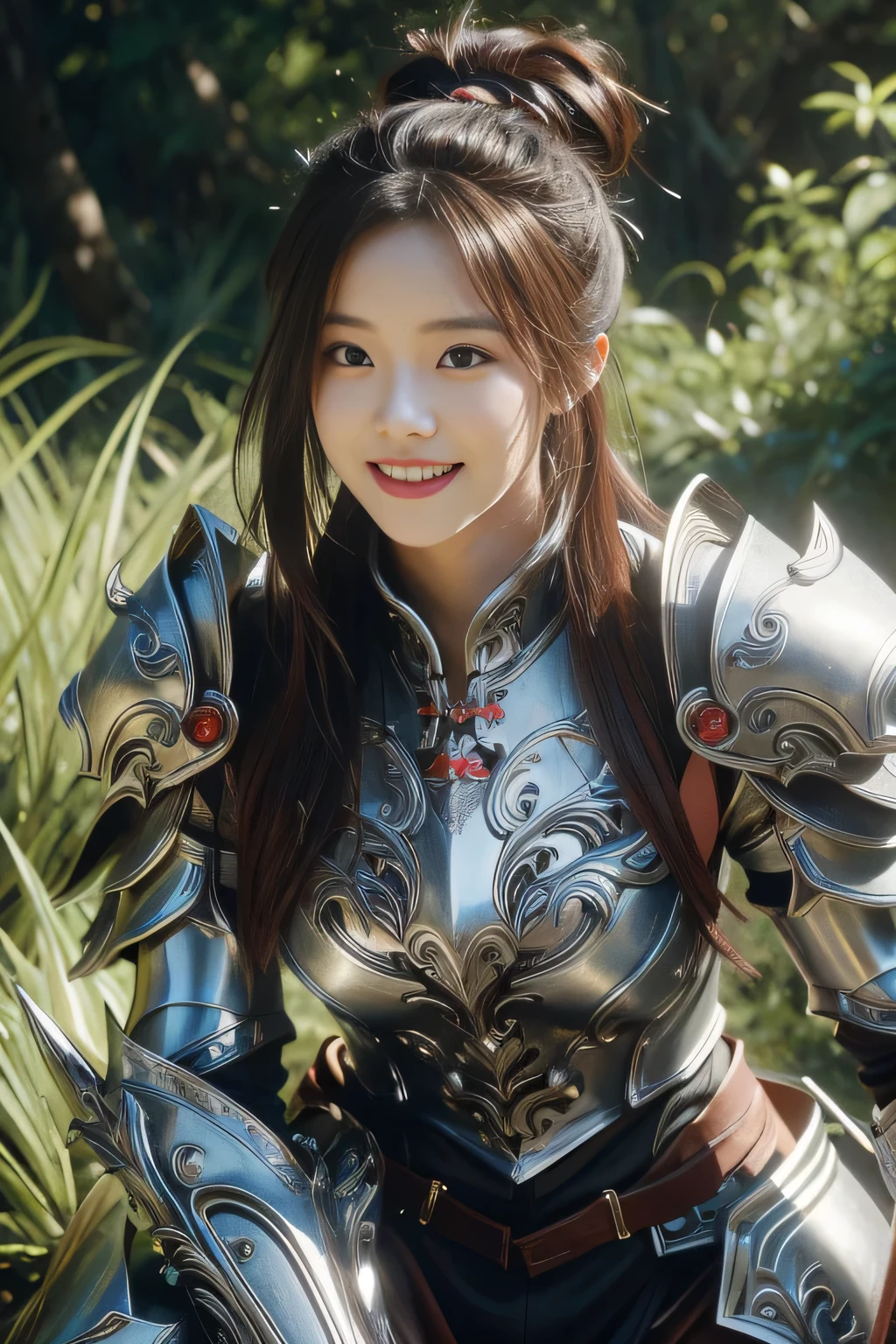 Chinese female general Hua Mulan，reddish brown leather armor，Silver scale metal shoulder pads，Silver metal heavy armor，battlefield background，hand weapon，majestic，Smile（open mouth）（The corners of the mouth are raised），Leather tunic，Knee pads，，sunshine on face，，Bundle hair（silver metal headband），Hair bun raised high。Wild forest background