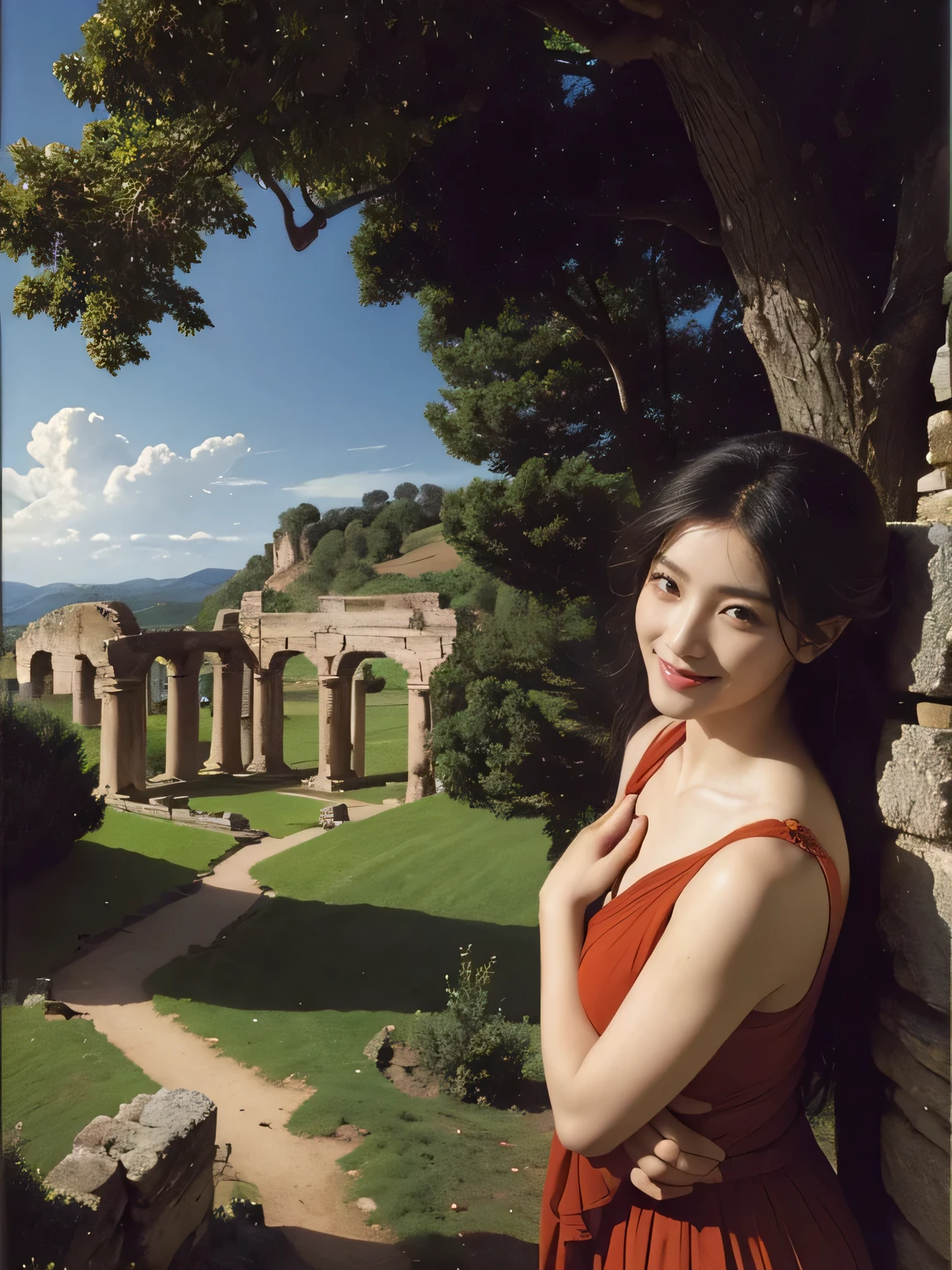 Ancient Roman ruins,Poussin-style landscape,A smile,,Sweet and seductive appearance.、Caravaggio's paintings、Chiaroscuro of Caravaggio、Hair disheveled in the wind,Two women frolicking,Cute smile, Expression of ecstasy,A sexy,Erotic