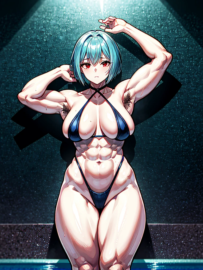 (((masterpiece、Highest image quality、highest quality、highly detailed unity 8kwallpaper)))、((Illustration of one girl))、(((beautiful girl)))、((light blue hair、short hair、red eyes))、(((tall、stocky build, thickset physique:1.3, muscular legs, broad shoulders, solid chest、)))、(((hairy armpits:1.4)))、(armpit hair:1.4)、swimsuit、pool